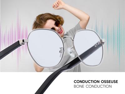 Lunettes connectées Mogie. - Modèle Orion - Branches noires avec cerclage argenté et verres photochromiques