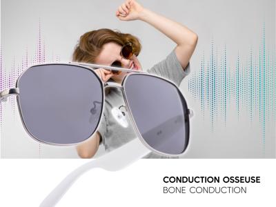 Lunettes connectées Mogie. - Modèle Thalos - Branches blanches avec monture argentée mate et verres solaires polarisés