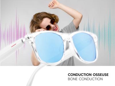 Lunettes connectées Mogie. - Modèle Dione - Branches blanches avec monture transparente et verres teintés bleu