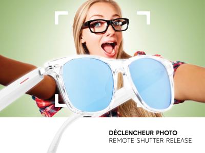 Lunettes connectées Mogie. - Modèle Dione - Branches blanches avec monture transparente et verres teintés bleu