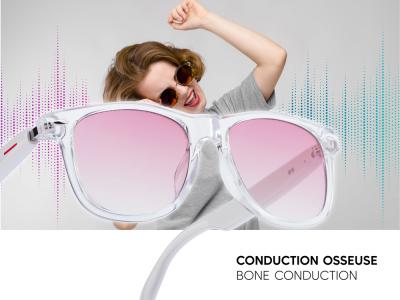 Lunettes connectées Mogie. - Modèle Dione - Branches blanches avec monture transparente et verres teintés rose