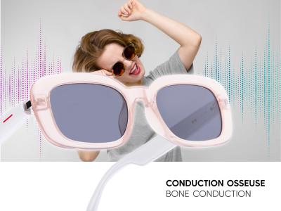 Lunettes connectées Mogie. - Modèle Mira - Branches blanches avec monture rose et verres solaires