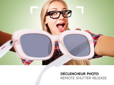 Lunettes connectées Mogie. - Modèle Mira - Branches blanches avec monture rose et verres solaires