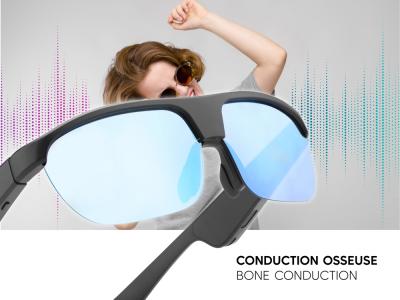 Lunettes connectées Mogie. - Modèle Atlas - Branches noires avec monture noire et verres solaires teintés bleu