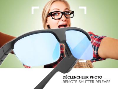 Lunettes connectées Mogie. - Modèle Atlas - Branches noires avec monture noire et verres solaires teintés bleu