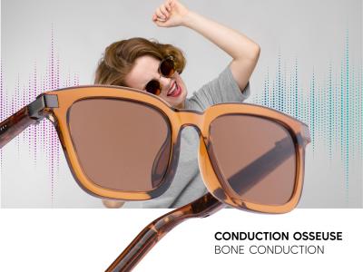 Lunettes connectées Mogie. - Modèle Caeli - Branches café translucides avec monture caramel et verres solaires teintés marron