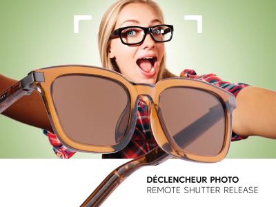 Lunettes connectées Mogie. - Modèle Caeli - Branches café translucides avec monture caramel et verres solaires teintés marron