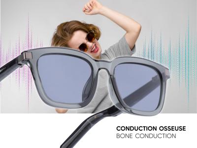 Lunettes connectées Mogie. - Modèle Caeli - Branches noires translucides avec monture noire et verres solaires