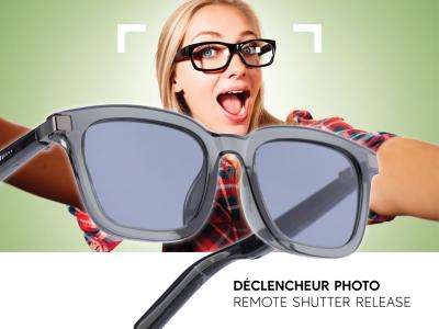 Lunettes connectées Mogie. - Modèle Caeli - Branches noires translucides avec monture noire et verres solaires