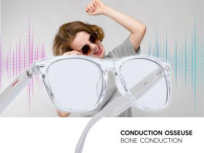 Lunettes connectées Mogie. - Modèle Sirius - Branches blanches avec monture transparente et verres photochromiques