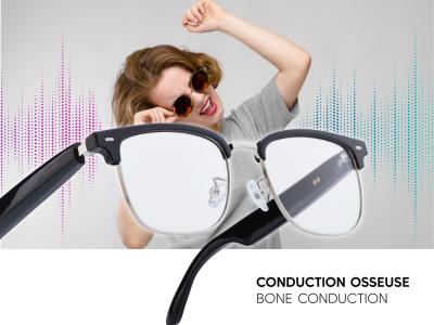 Lunettes connectées Mogie. - Modèle Vega - Branches noires avec cerclage argenté et verres photochromiques